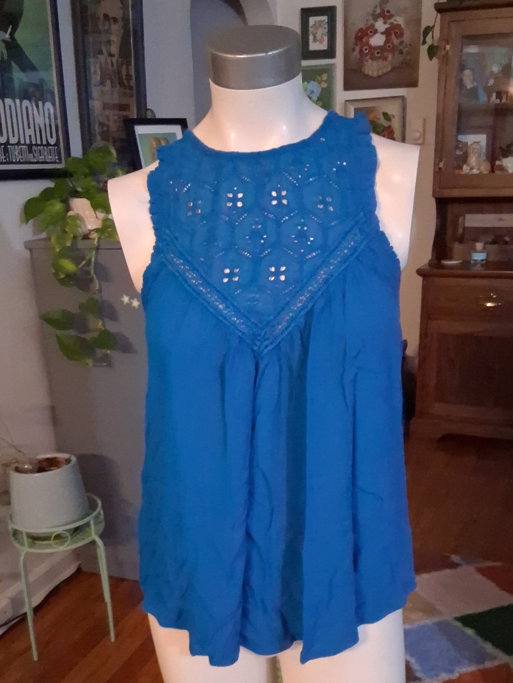 Volcom Royal Blue Sleeveless Crochet Yoke Tank Top